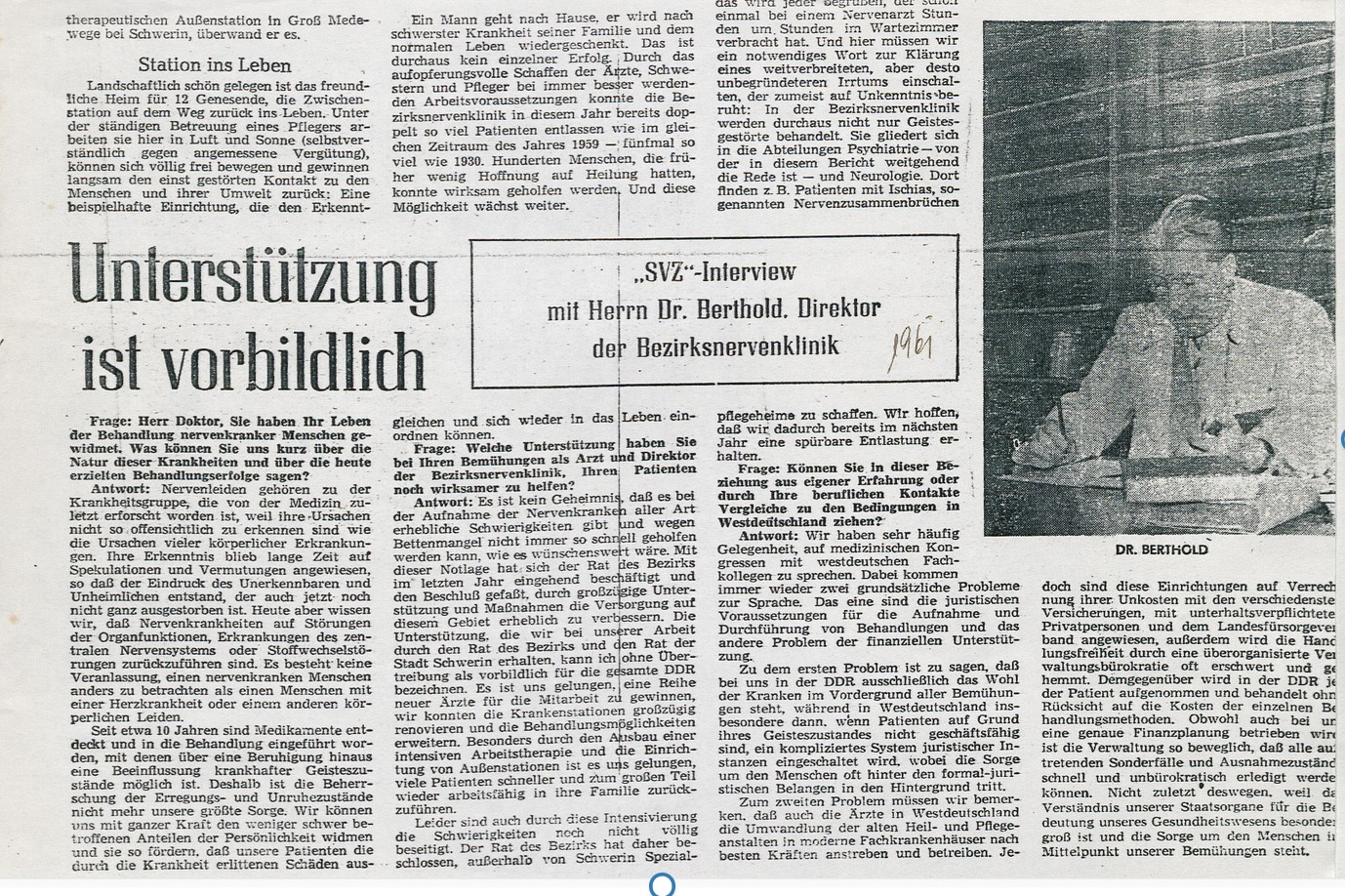 Interview von Horst Berthold mit der Schweriner Volkszeitung aus dem Jahr 1961. Quelle: LHAS 7.11-1/31 Bezirksnervenklinik Schwerin Nr. 73.