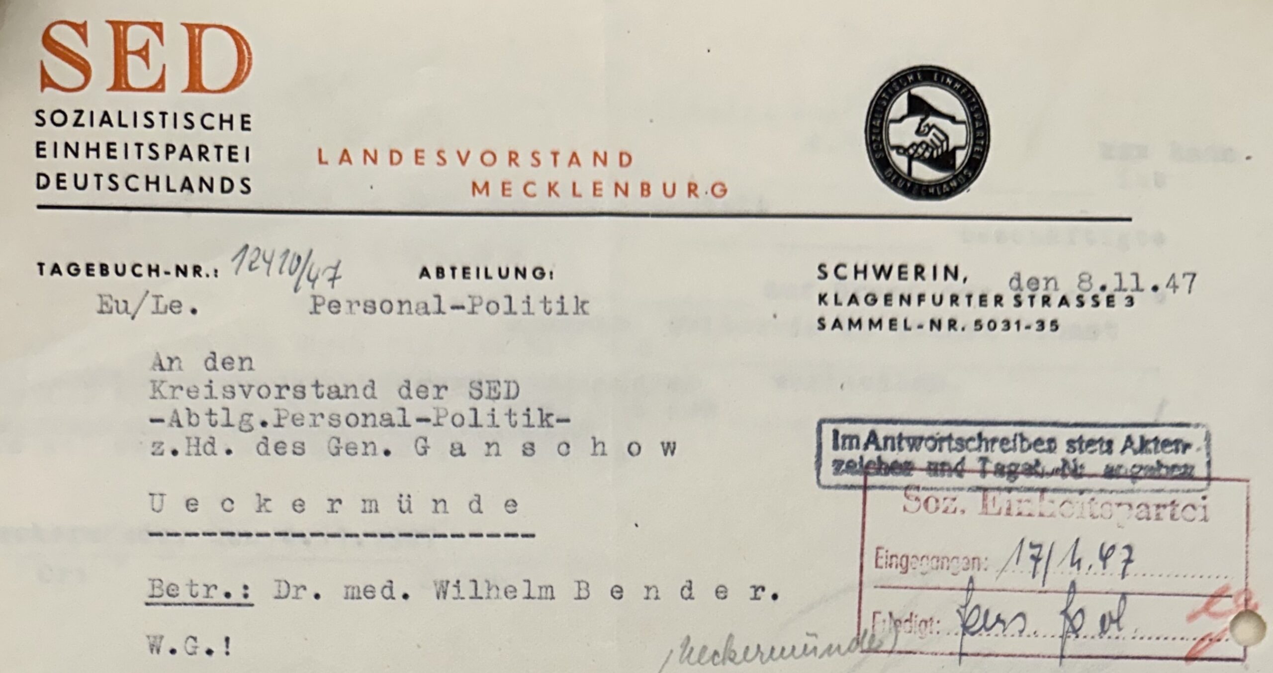 Schreiben der SED, Landesvorstand Schwerin bezüglich des Entnazifizierungsverfahrens Dr. Wilhelm Bender. Quelle: LHAS, 9.4-1: NS-Archiv des Ministeriums für Staatssicherheit (MfS) ZW 132, unpag.