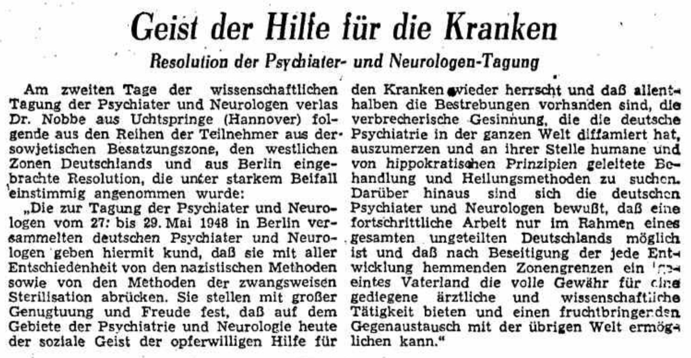 Artikel „Geist der Hilfe für die Kranken“. Quelle: „Neues Deutschland“ vom 29.05.1948. Die in Berlin versammelten Psychiater und Neurologen distanzieren sich von den Patientenmorden und Zwangssterilisationen während der NS-Zeit.