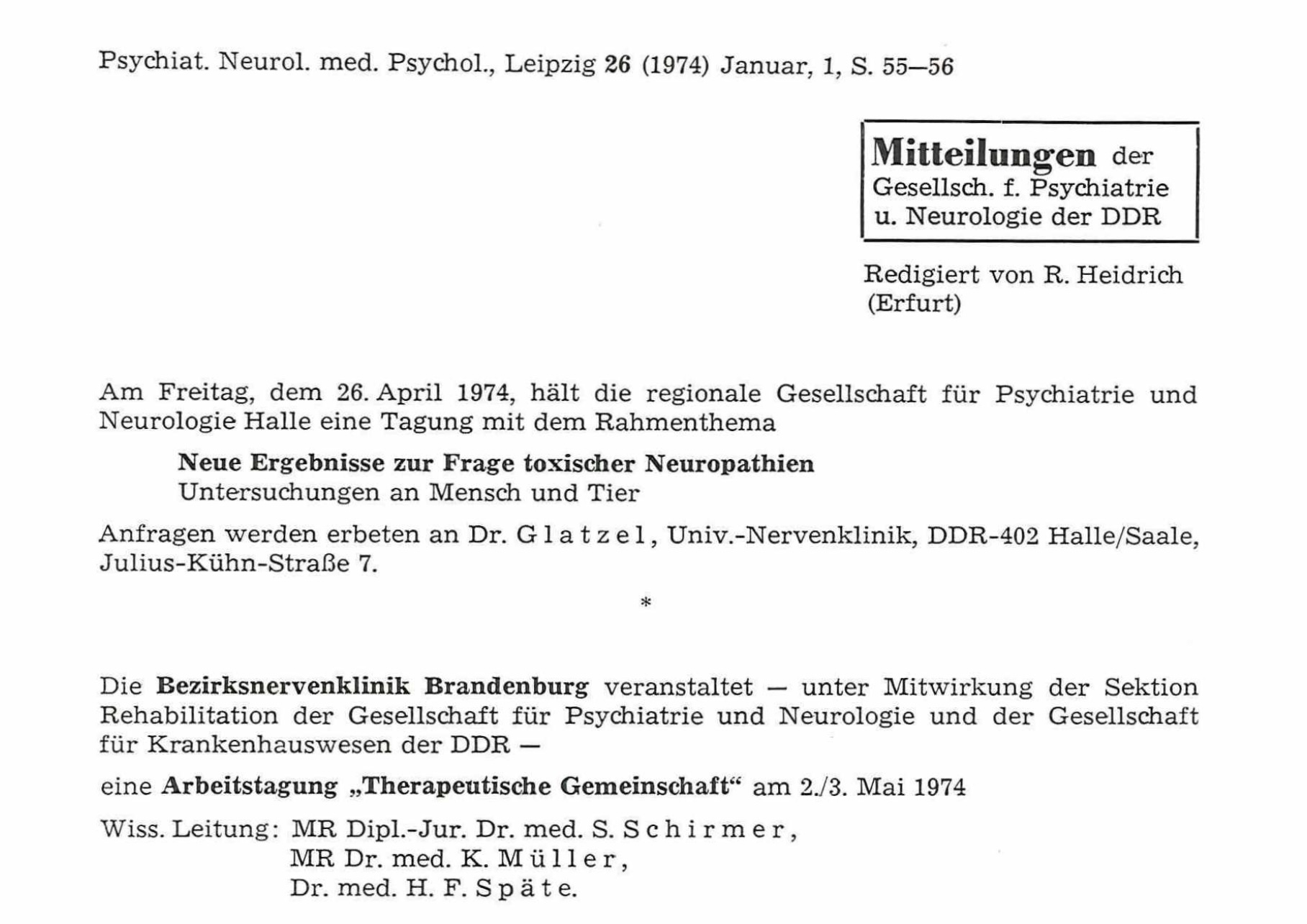 Mitteilungen der Gesellschaft für Psychiatrie und Neurologie der DDR über die Arbeitstagung "Therapeutische Gemeinschaft" in Brandenburg, Quelle: Psychiatrie, Neurologie und medizinische Psychologie 26(1), 1974, S. 55