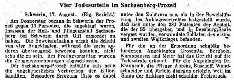Abb. 1: Zeitungsnotiz vom 18.08.1946 aus dem „Neuen Deutschland“ über den Sachsenbergprozess