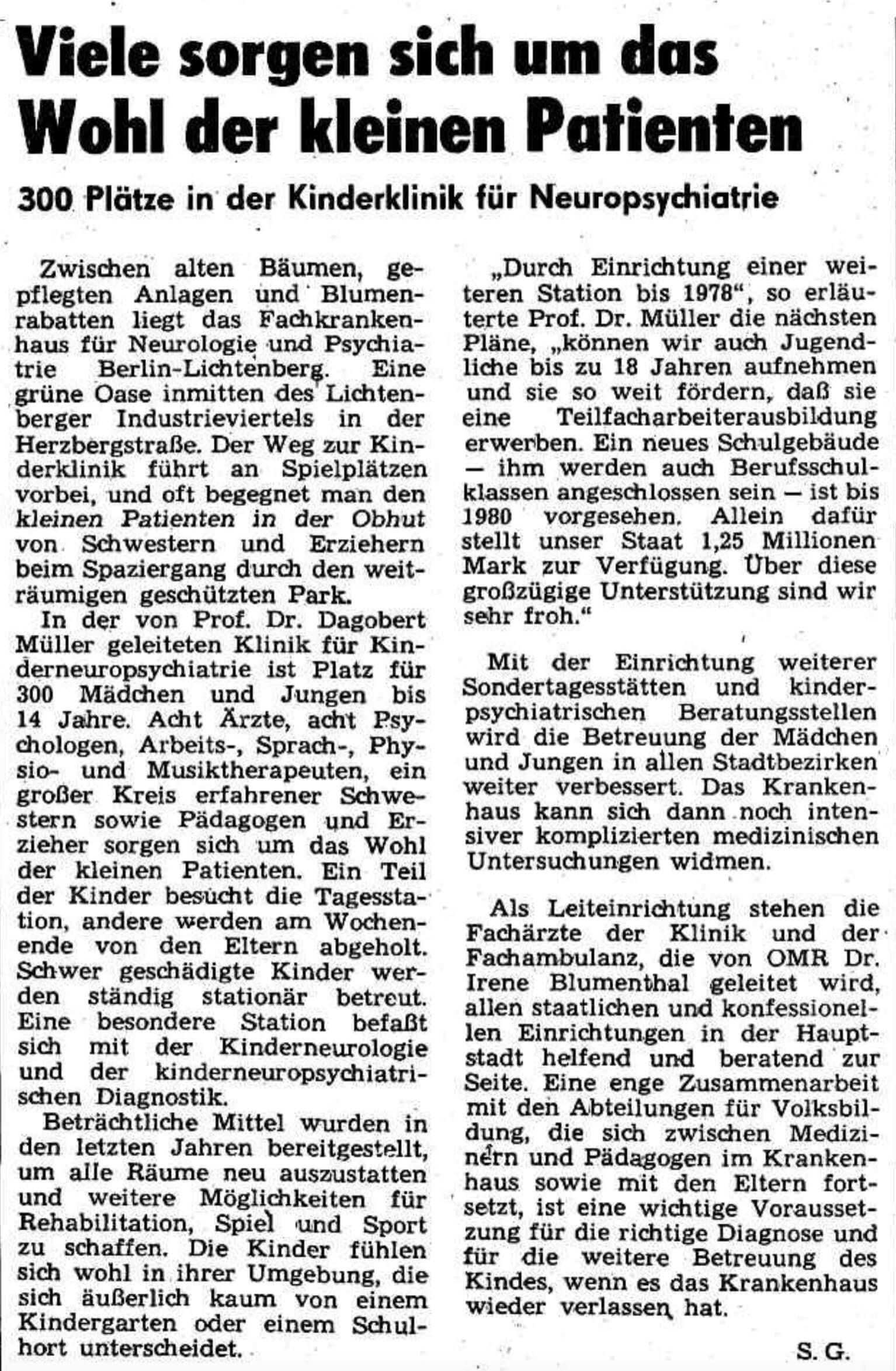Zeitungsartikel „Viele sorgen sich um das Wohl der kleinen Patienten“ (1976). Quelle: Neues Deutschland 29.07.1976.