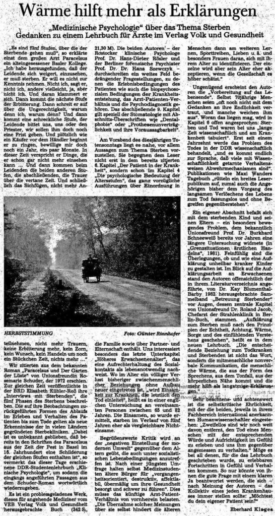 Wärme hilft mehr als Erklärungen, Neue Zeit, 21.11.1987, Eberhard Klages. © Alle Rechte vorbehalten. Frankfurter Allgemeine Zeitung GmbH, Frankfurt. Zur Verfügung gestellt vom Frankfurter Allgemeine Archiv.