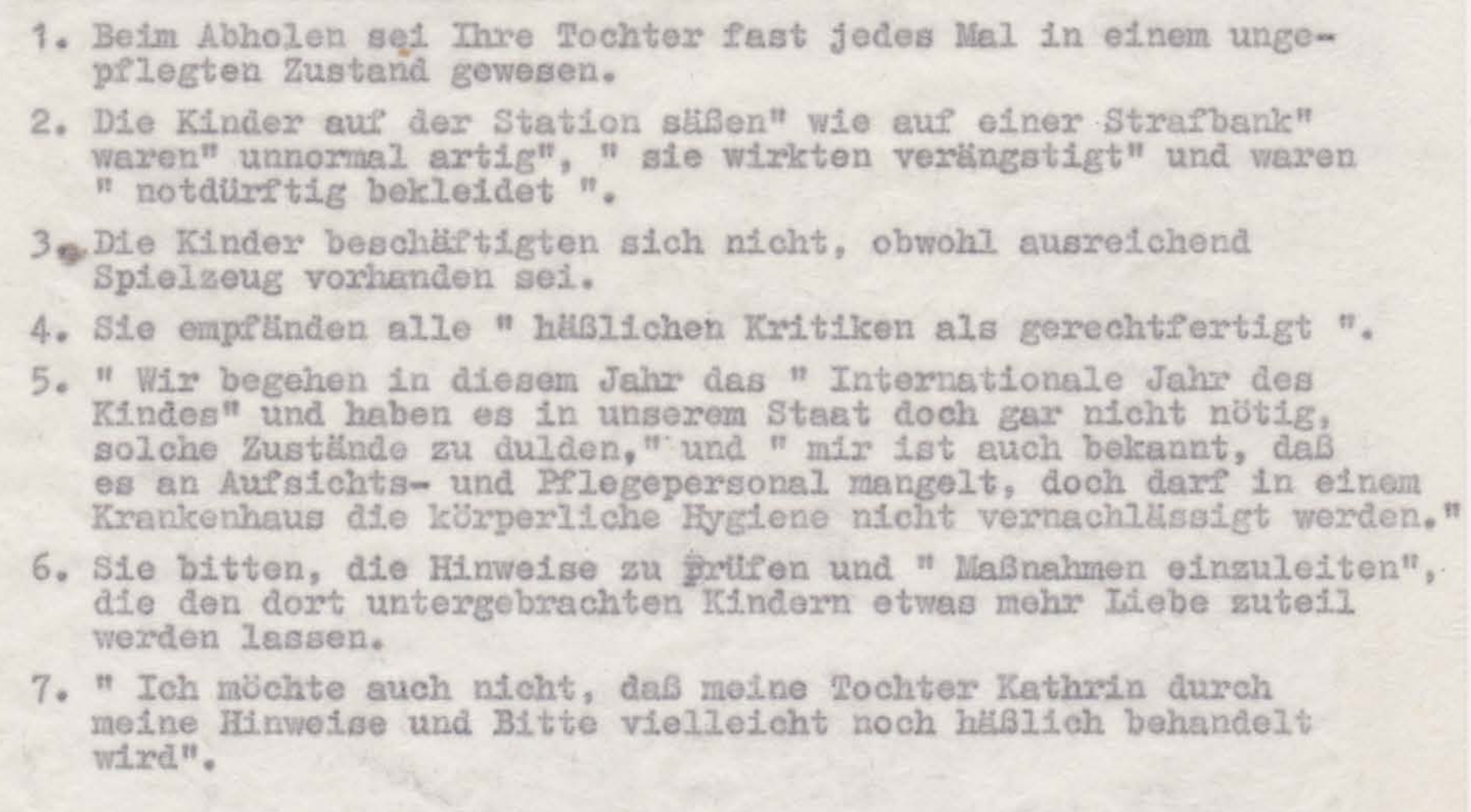 Verwahrung Vernachlässigung Kind,
Beschwerde einer Mutter über die Behandlung ihrer Tochter im Bezirksfachkrankenhaus Ueckermünde, Quelle: HAUEM, Nachlass Hans Eichhhorn, unsortiert.