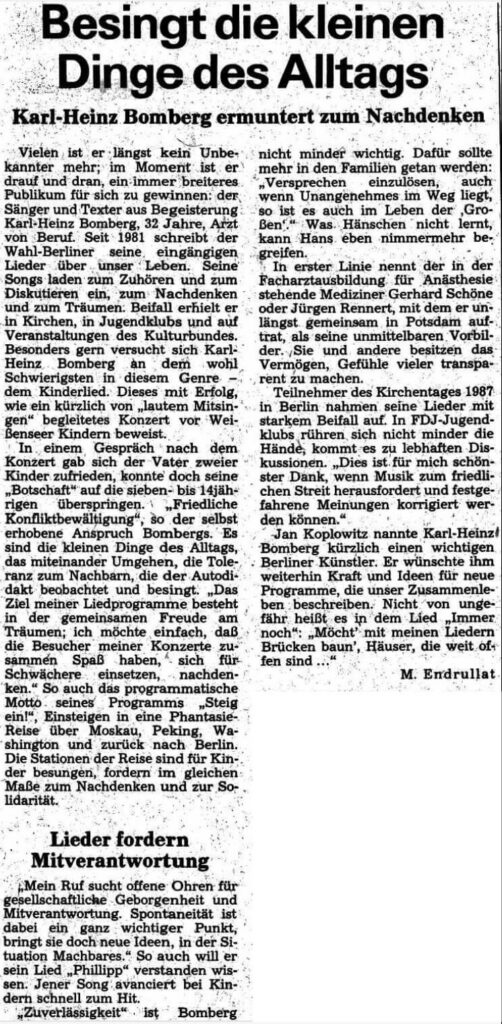 Besingt die kleinen Dinge des Alltags, Neue Zeit, 11.02.1988, M. Endrullat. © Alle Rechte vorbehalten. Frankfurter Allgemeine Zeitung GmbH, Frankfurt. Zur Verfügung gestellt vom Frankfurter Allgemeine Archiv.