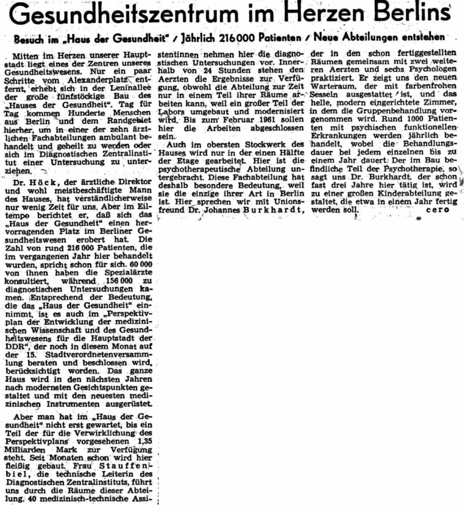 Gesundheitszentrum im Herzen Berlins, Neue Zeit, 13.10.1960, cero. © Alle Rechte vorbehalten. Frankfurter Allgemeine Zeitung GmbH, Frankfurt. Zur Verfügung gestellt vom Frankfurter Allgemeine Archiv.