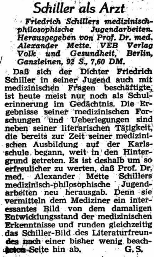 Schiller als Arzt, Neue Zeit, 22.03.1964, G. S. © Alle Rechte vorbehalten. Frankfurter Allgemeine Zeitung GmbH, Frankfurt. Zur Verfügung gestellt vom Frankfurter Allgemeine Archiv.