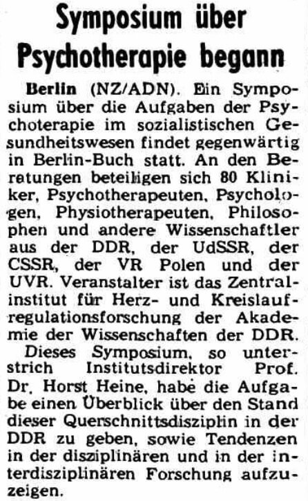 Symposium über Psychotherapie begann, Neue Zeit, 22.05.1980, NZ/ADN. © Alle Rechte vorbehalten. Frankfurter Allgemeine Zeitung GmbH, Frankfurt. Zur Verfügung gestellt vom Frankfurter Allgemeine Archiv.